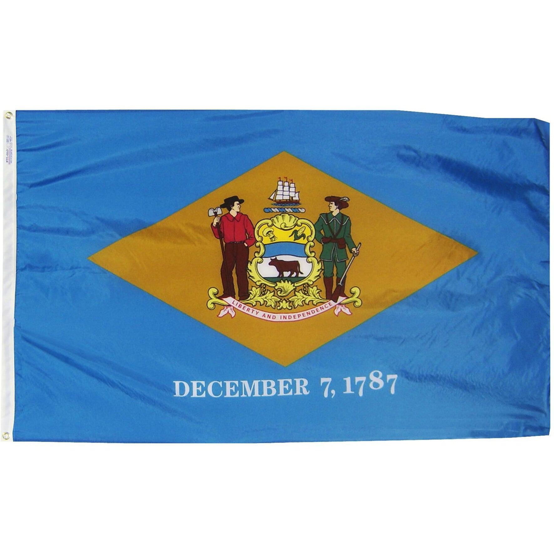 a Delaware blue flag that says December 7, 1787 below a group of people in a yellow triangle